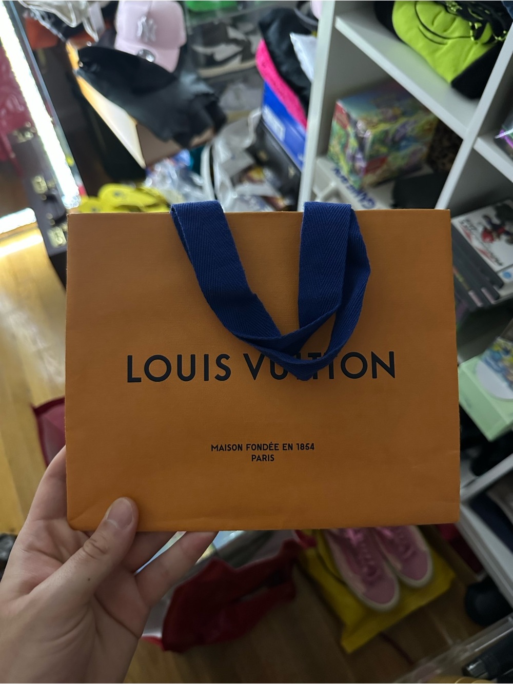 Louis Vuitton Orange Gift Bag with Blue Ribbon Handles